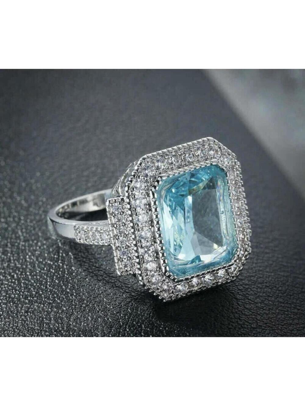 Silver-Tone Square Blue Cushion-Cut Crystal Halo Cocktail Ring, Blue Stone